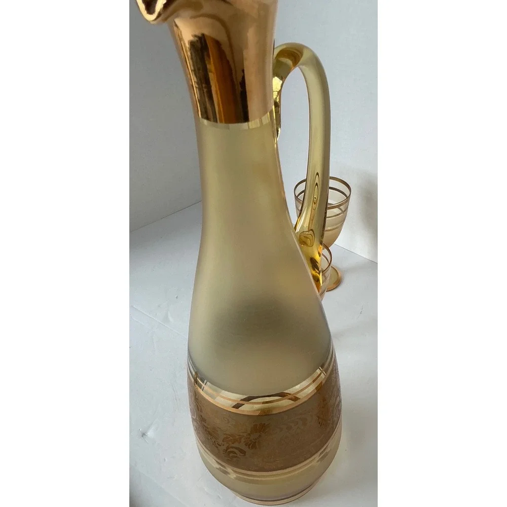 Bohemia Crystal Vintage Amber Glass Decanter Set Gold‎ Encrusted Floral 5pc MCM